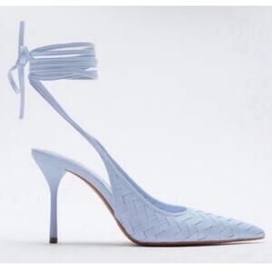 ZARA Woven Faux Leather Lace Up Pointed Toe Heels Light Baby Blue Size 41/10